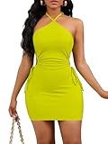 Women's Cut Summerout Club Night Out Dresseses Open Back Spaghetti Strap Drawstring Party Club Sexy Mini Bodycon Club Night Out Dresses S80 Neon Green XL
