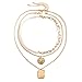 Skcess Sautoir Femme Long, Pendentif Collier Plaqué Or Médaille Rectangle Lune Etoile Perle Collier Cadeau Anniversaire Femme