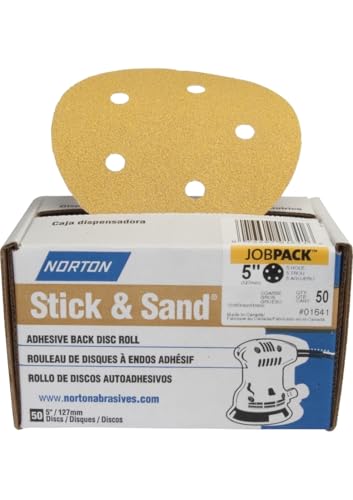 Norton 07660701641 Stick & Sand Sanding Disc, 5 in Dia, Coated, 60 Grit, Coarse, Aluminum Oxide Abrasive - Pack of 50
