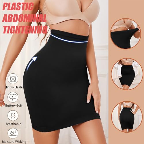 KOEMCY Shapewear Damen Hohe Taille Butt Lifter Miederröcke Nahtlose Sexy Elegant Unterröcke Figurformend Unterrock Halbrock Bauch Weg Halb Full Slip (Schwarz/XL)