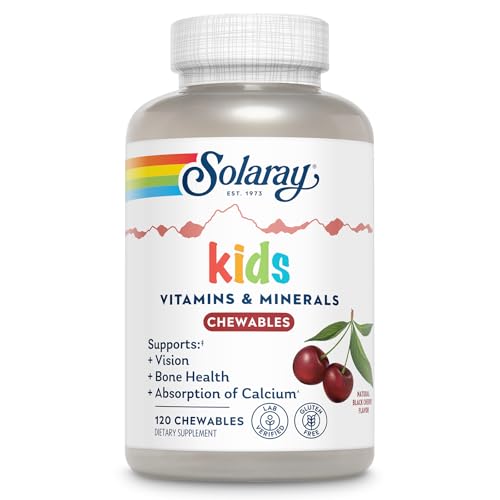 SOLARAY Kid's Vitamins & Minerals, Multivitamin for Kids - Bones, Vision, Heart Health Support w/Vitamin C, Vitamin D and B2, Iron - Gluten Free, 120 Black Cherry Chewables, 60 Servings