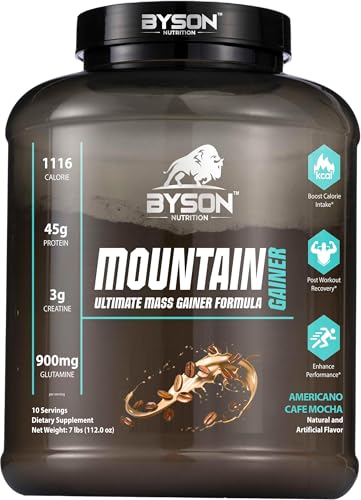 Image of Byson Nutrition Mountain Ultimate Mass Gainer | Premium Lean Gainer | High Calorie Drink | Bulk Weight Gain | 1116 Calories | 45g Protein | 3g Creatine | 900mg Glutamine (7lbs, Americano Cafe Mocha)