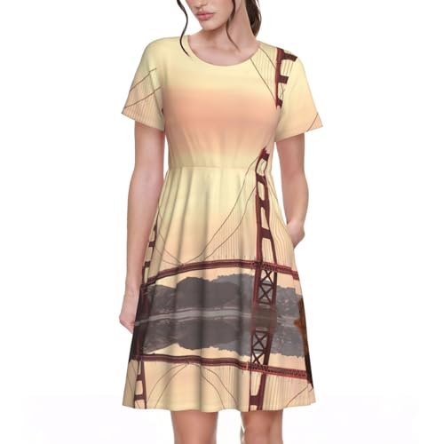 Robe d'été décontractée pour femme avec imprimé Golden Gate et poches pratiques