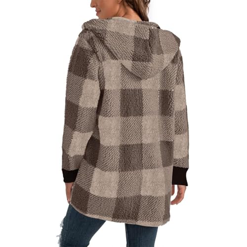 Plaid Sherpa Jacket Women Casual Comfy Open Front Hooded Fleece Jacket Cozy Teddy Bear Coat Fuzzy Oversized Cardigan2