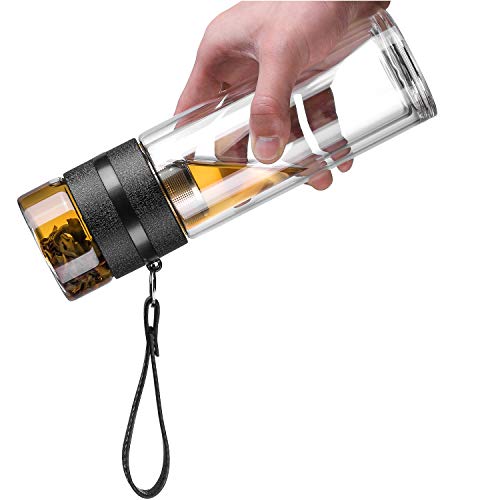 Ceoon 13oz Double Wall Glass Water Bottle Tea and Water Separation Tea Bottle Mug Cup with Tea Infuser (Black)