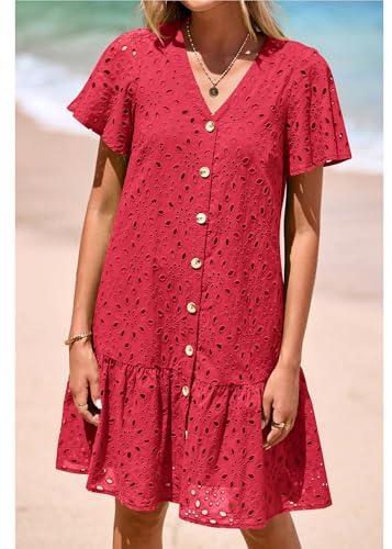Image of KIRUNDO Eyelet Dresses for Women Button Down Mini Babydoll | 2026 Summer Short Sleeve Boho Sundress, Loose Fit V Neck Short Dress With Pockets, A Line, Cruise Beach Vacation Outfits