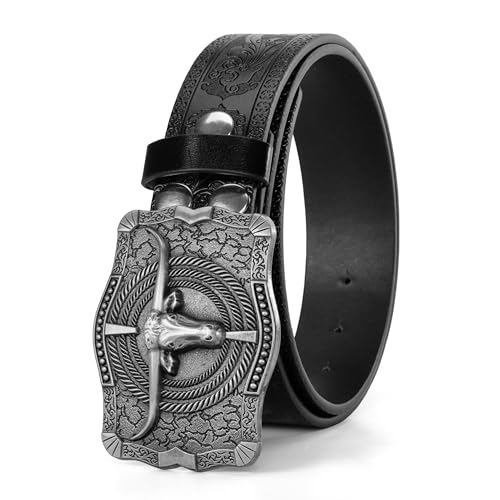 Image of Western Cowboy-Belts for Men Big-Buckle Longhorn-Bull PU-Leather Rodeo Cowgirl-Belt Engraved Floral - Waist 25-38 inch