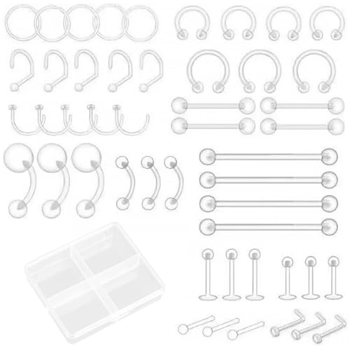 AWAVM 48Pcs Piercing Bioflex Plastique Retainers Piercing Transparent Invisible Nez Labret Oreille Nombril Lèvre Septum Helix Silicone Barre Langue Téton...