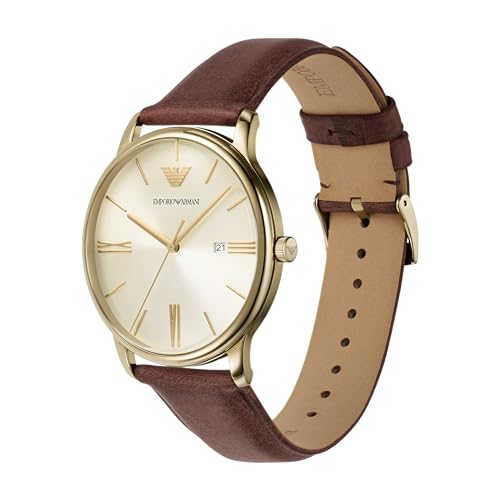 Image of Emporio Armani Leather Analog Beige Dial Men's Watch-Ar11610, Band Color-Brown