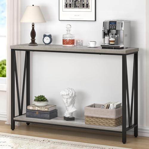 FOLUBAN Industrial Sofa Console Table, Rustic Wood and Metal Entryway Hallway Table for Living Room Entrance, 43.3 Inch Light Grey