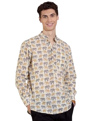 Image of DEELMO Men's Cotton Blend Printed Long Sleeve Short Kurta | Stylish Casual & Ethnic Wear | Comfortable Mandarin Collar Kurta for Daily, Festive & Party Outfits