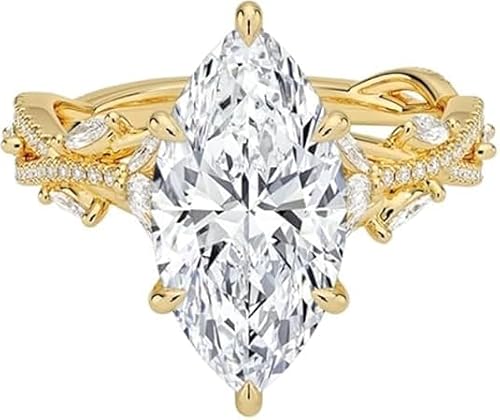 4 Carat Yellow Gold Marquise Cut Moissanite Engagement Ring for Women, Nature Inspired Floral Leaf Design, 10K 14K 18K Solid Gold or 925 Sterling Silver, Vintage Promise Wedding Ring, Unique Proposal Ring Gift