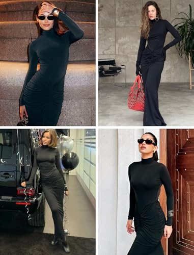 Image of Women's Sexy Turtleneck Long Sleeve Maxi Dress Elegant Ruched Bodycon Long Dress Casual Party Dresses