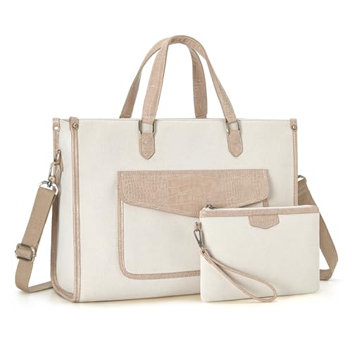 Missnine Tote Bag Canvas Laptop Bag for Women 15.6 inch Casual Work Bags with Clutch Purse Computer 2 PCS Set (Croc-embossed Light Khaki)