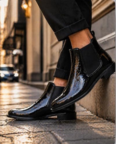 Image of Men's Leather Chelsea Boots | Ankle Boots with Textured Finish Formal & Smart Casual Boots | Comfortable Fit, Trendy, Stylish Boots | Leather Boots for Office /Fashionable