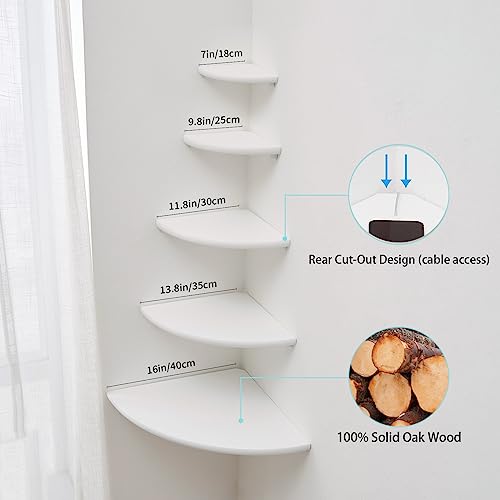 White Corner Shelf, Wall Mount Natural Oak Wood Floating Corner Wall Shelf Round End Small Corner Nightstand Plant Shelf for Bedroom, Kitchen, Living Room 10inch