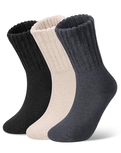 Loritta Womens Wool Socks Warm Winter Thick Thermal Hiking Casual Crew Work Boot Socks,Black/Beige/Dark Grey