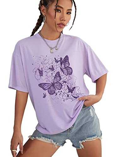 Wdirara Women's Skull Print Half Sleeve Drop Shoulder Oversized Tee Casual T Shirts Butterfly Purple L #TOP17