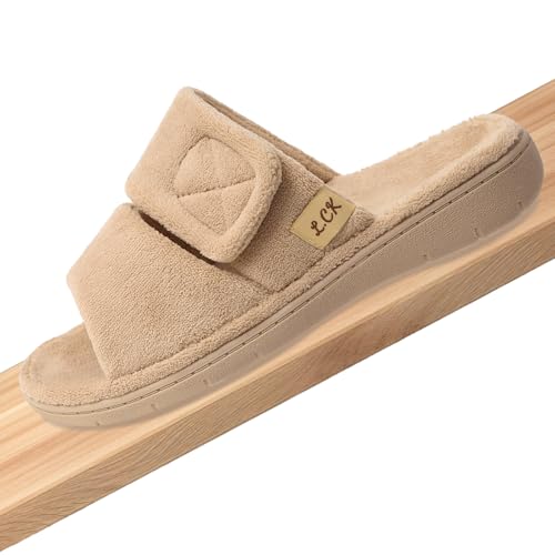 Women's Fuzzy Adjustable Arch Support Slippers Open Toe House Shoes for Orthopedic Plantar Furry House Slide Slippers All Season Beige Black Color US6-US113