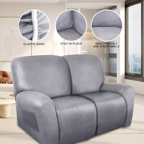 Image of ANARACHON Loveseat Recliner Cover Leather Look Recliner Loveseat Covers Recliner Sofa Cover for 2 Seater Reclining Couch Spandex Fabric Washable 6 Pieces (2 Seater, 01 Marbling)