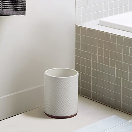 Image of Bathroom Wastebasket - Ceramic Decorative Trash Can with Wooden Base (White and Beige)