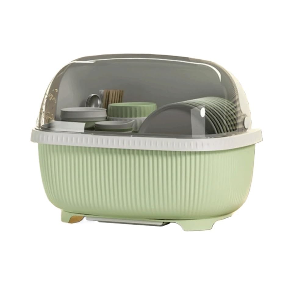 Jobaojiang Large Capacity Dish Drainer With Roof Cover Multifunctional Kitchen Utensils Rack Cupboard Plastic(Green)