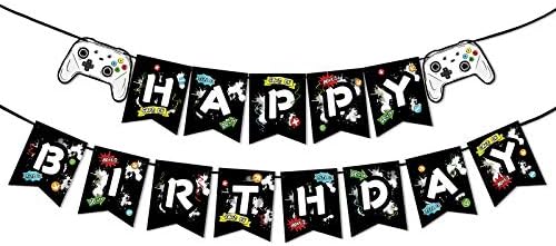 Watercolor Video Game Birthday Banner - Gaming Birthday Party Decorations for Boys Kids Game Themed Party Supplies Pre-Assembled Bunting Garland Hanging Wall Decor