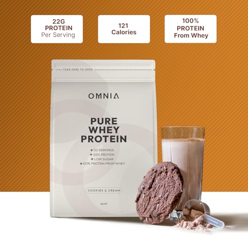 OMNIA Pure Whey Protein Powder, Nutrition Low Carbs and Low Sugar Muscle Building Powder, Over 22G Protein Per Serving - 33 Servings - 1 KG - Cookies and Cream - Image 5