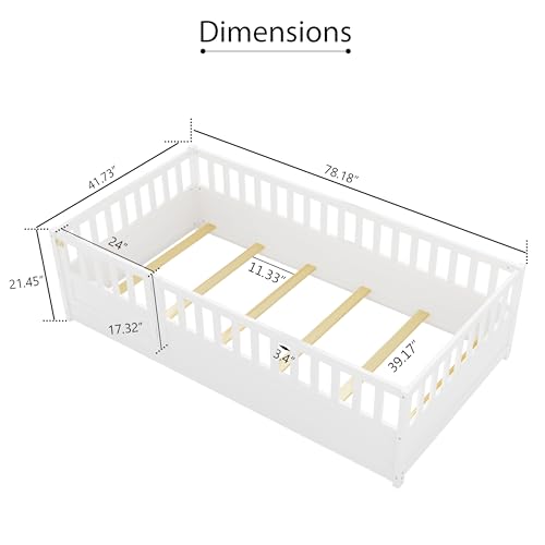 Image of Bellemave Twin Size Kids Montessori Floor Bed with Slats,Solid Wood Floor Bed Frame with High Fence and Door for Kids,Girls,Boys,Twin,White