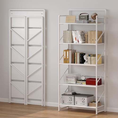 Image of JSB No Assembly Folding Bookshelf, 5 Tier Industrial Metal Book Shelf for Storage, Vintage Wood Foldable Bookcase for Living Room, Bedroom, Office Organization Shelves