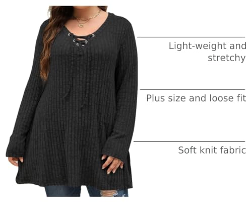 Image of Nemidor Women Plus Size Casual Tunic Top Drawstring V Neck Long Sleeve | 1X-5X plus, ribbed knit, long sweater, solid, semi-fitted flattering cut for curvy women, Fall, Winter, work, daily, dinner