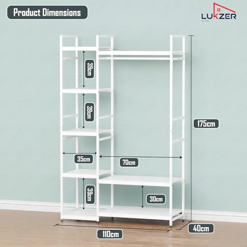 Image of Lukzer Heavy Duty Garment Rack with 8 Shelves & Hanging Rod | Free-Standing Modern Clothes Stand Metal & Engineered Wood Shoe Rack with Adjustable Foot Pads for Living Room - MMR-004 /White & White
