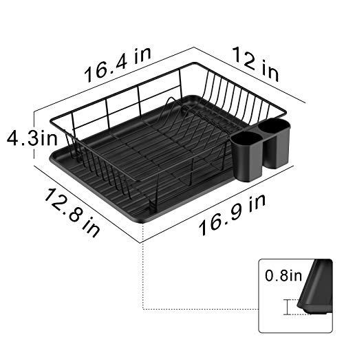 Dish Drying Rack, F-color Dish Rack with Water Tray, Utensil Holder, Anti Rust Dish Drainer for Kitchen Counter Top Dish Rack Wire Holder, 16.4 x 12 x 4.3 inch, Black