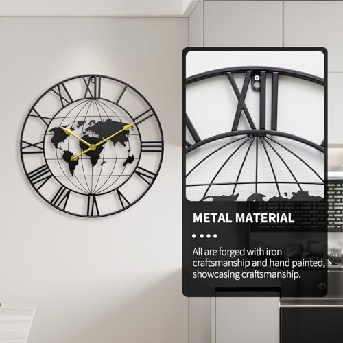 Image of Large World Map Wall Clock, Metal Minimalist Analog Modern Clock, Round Silent Non-Ticking Battery Operated Wall Clocks for Living Room / Home /Kitchen /Bedroom (24 Inch), Black