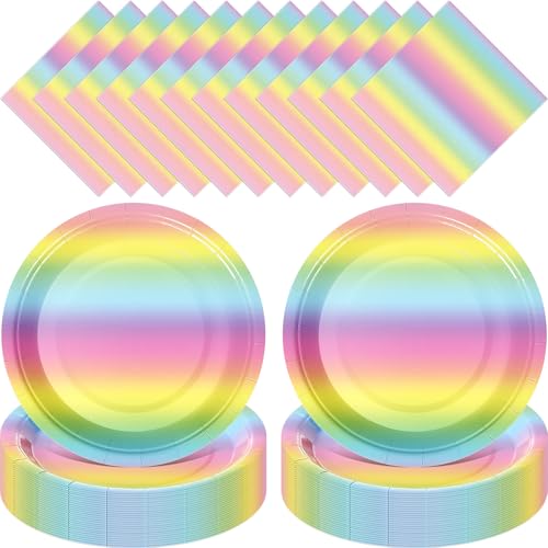 Zhehao 120 Pcs Disposable Paper Dessert Plates and Napkins Set, 7 Inch Party Cake Appetizer Plate with Napkin for Birthday Baby Shower Wedding Easter(Rainbow)