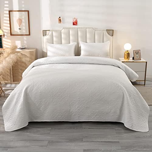 ENCOFT Quilted Bedspreads White for Bedroom Decor Reversible Quilted Bed Throw Bedspreads 220 x 240 CM Warm Blanket King Size with 2 Pillows Cases