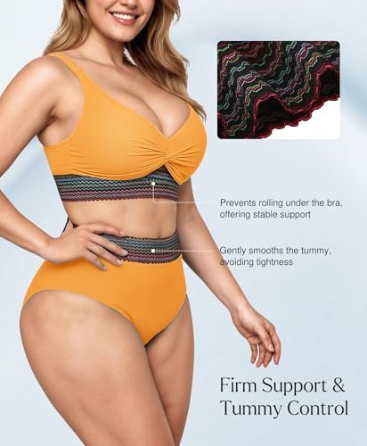 Popilush High Waisted Bikini Sets for Women Tummy Control Shapewear Two Piece Boho Swimsuit 4 Way Wear Beach and Pool Size M Color Orange — view 4