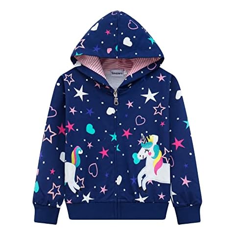 Girls Hoodie Toddler Zipper Jumper Unicorn Zip Up Hooded Sweatshirt Kids Long Sleeve Cotton Christmas Hoodies Tops for Girls 2-7 Years Deep-blue Cover