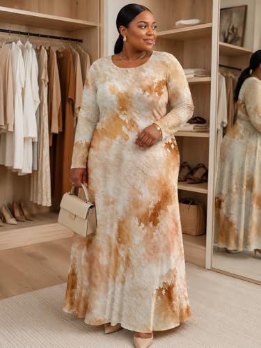 Image of PinkPatty Plus Size Maxi Dress for Curvy Women Crew Neck Long Sleeves Casual Dress Vacation Sundresses with Pockets