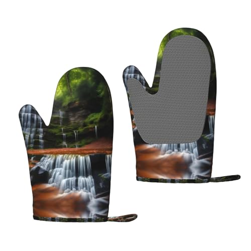 Waterfall View - Manoplas de silicona para horno, paquete de 2 unidades, aisladas gruesas para hornear al aire libre y microondas