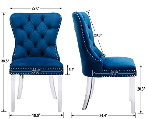Kmax Velvet Elegant Upholstered Dining Chairs, Armless Accent Chair With Ring Pull Acrylic Legs, Set Of 2 - Blue #TOP2
