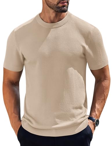 COOFANDY Men's Casual T-Shirts Short Sleeve Knit Tees Crewneck Solid Dress Shirts, Apricot, Small
