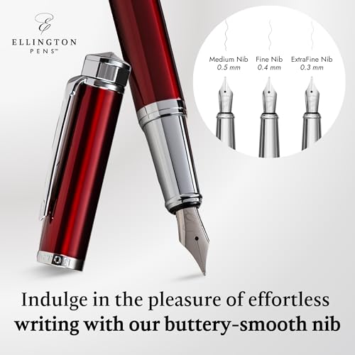 Image of Ellington Pens Luxury Fountain Pen Set - Smooth Fine Nib- Includes 3 Ink Cartridges, Refillable Ink Converter, Gift Box- Fountain Pens For Writing, Calligraphy, Journaling, Sketching (Scarlet Slate)