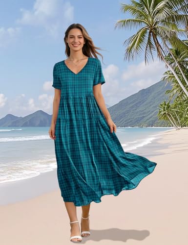 Image of YESNO Women's Summer Maxi Dresses Casual Floral Short Sleeve V Neck Boho Beach Vacation Swing Dress with Pockets EVF
