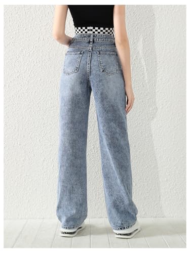 SweatyRocks Girl's High Waisted Solid Straight Leg Jeans Casual Loose Denim Pants Medium Wash 14 Years2