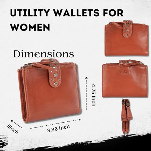 4.75 Inch Genuine Italian Leather Boho Studded Bifold Wallet – Zipper Coin Purse & Credit Card Holder for Women (Cognac)3