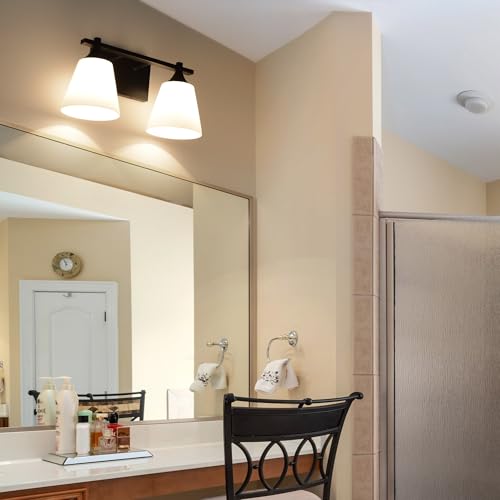 Image of Black Bathroom Vanity Light Fixtures, 2 Lights Traditional Vanity Lighting Fixture with Opal Glass Shade, Porch Wall Mount Light Fixture for Bathroom, Mirror Cabinets Hallway Stairs, Matte Black