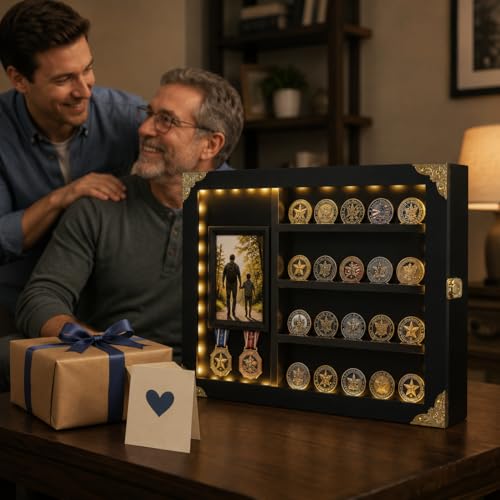 Image of Challenge Coin Display Case for Gift, Lighted Coin Medal Holder with Photo Frame & Chalkboard, Wall Mount Shadow Box with Removable Shelves, Memorial Gift for Men, Veterans, Collectors, Black