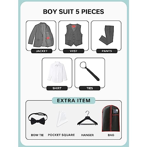 Marvelous World Boys' Suits Slim Fit 5 Pieces Adjustable Waist Boys Formal Suit Set Dark Gray #TOP3