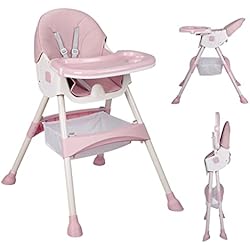 Trona Convertible Carrefour Trona Bebé Ajustable Portatil Trona Convertible 2 en 1 Silla de Comer para Bebés Plegable con Bandeja Extraíble y Cinturón de Seguridad, Almacenable,75x60x91CM (Rosa)